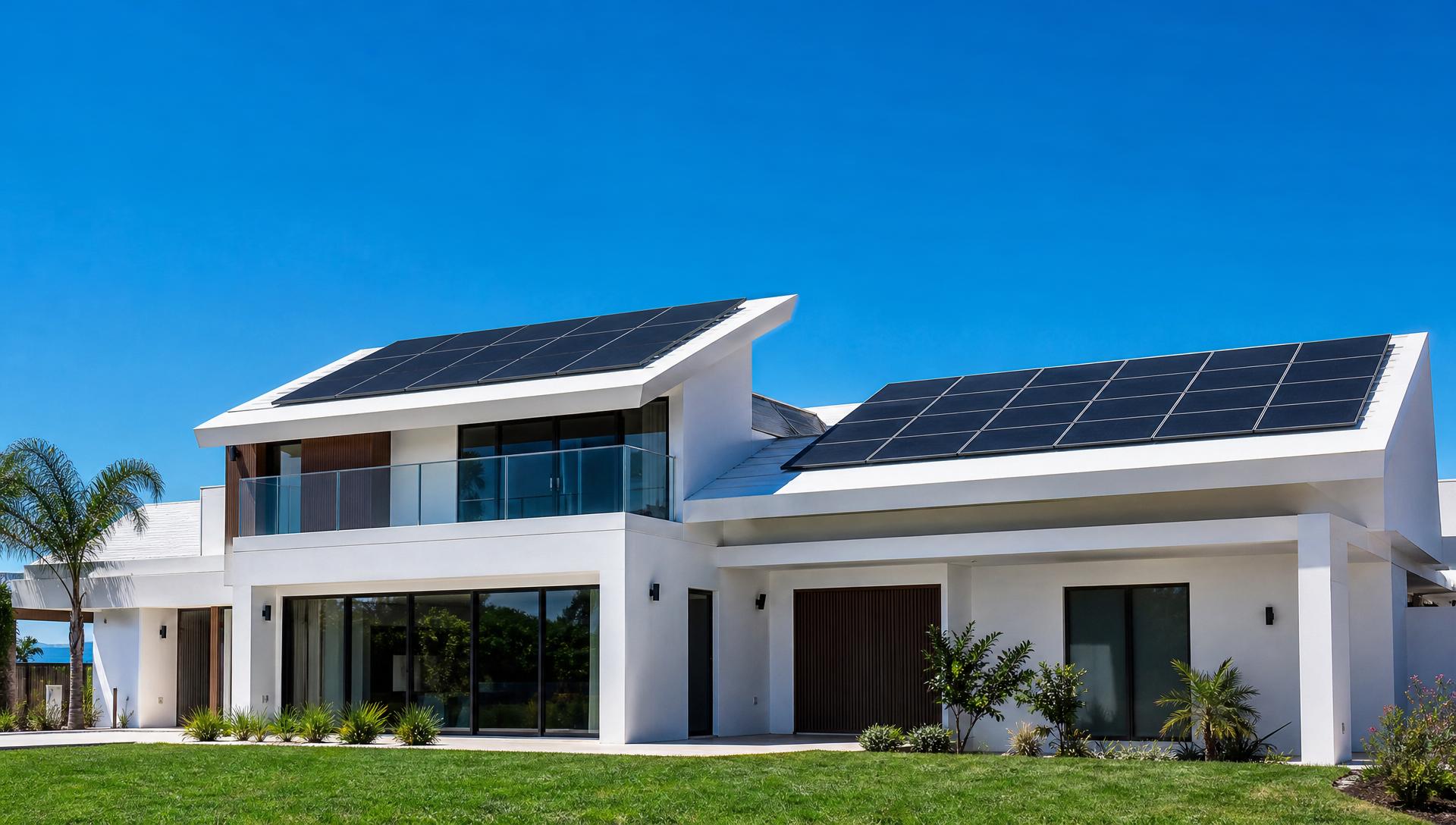 Modern home with premium solar panels under a clear blue sky